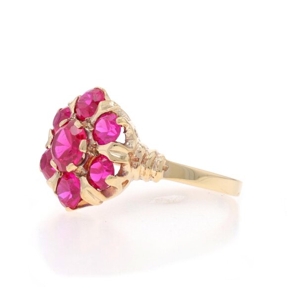 Yellow Gold Lab-Created Ruby Vintage Cluster Cocktail Ring 10k Rd 3.09ctw Flower - Picture 3 of 6